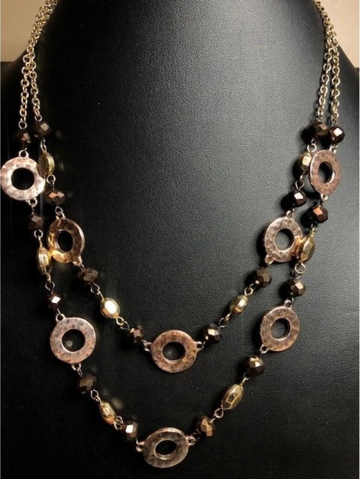 B3489 Liz Claiborne Layered Open Circle Beaded Necklace Gold Tone Bronze 18-20"